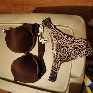 PNK Brown Bra and Leopard Print Thong Set